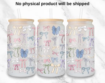 Coquette Bows Libbey glass can png, Ribbon lovely 16 oz tumbler wrap design uv dtf, Colorful Coquette Coffee Glass PNG download