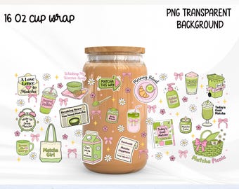 Matcha girl Can Glass Wrap 16oz, Matcha kawaii Cup Wrap PNG, Matcha Aesthetic Glass Can Design, Matcha lover Libbey Wrap,