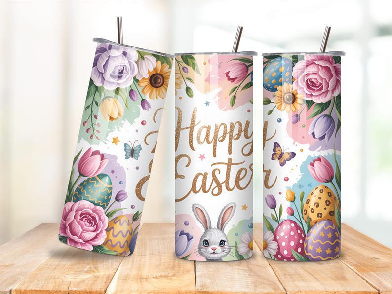 Happy Easter Tumbler Wrap 20oz PNG, Easter Bunny Floral Wrap, Spring ...