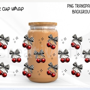 May include: A glass jar with a wooden lid, adorned with red cherries and black and white checkered bows. The text "16 OZ cup wrap" and "PNG TRANSPARENT BACKGROUND" are at the top.