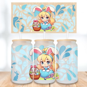 Cinderella Princess Bunny Tumbler Wrap PNG, The Little Glass Slipper inspired blue Rabbit cartoon 16oz Glass Can Wrap, Cute Easter hunt png