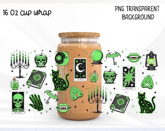Etiqueta PNG para lata de vidrio de 16 oz con temática de tarot de bruja, etiqueta digital para vaso de Halloween con bruja verde neón, diseño de taza con bola de cristal gótica espeluznante