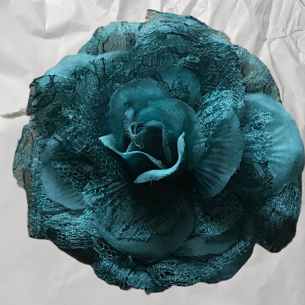 Magnetic hold Flower pin Fabric Flower Pin, Flower Brooch, Vintage Teal Rose with lace overlay Magnetic Hold Pinless Posie