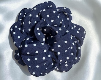 Blue with white polka dot Flower Brooch Magnetic hold Pinless Posies 4”