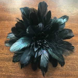 Magnetic hold Feather Flower Pin,Feather Flower Brooch Large Black Iridescent feather Pinless Posies