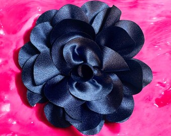 Dark Blue Satin Flower Pin - Magnetic Lapel Accessory, Pinless Brooch