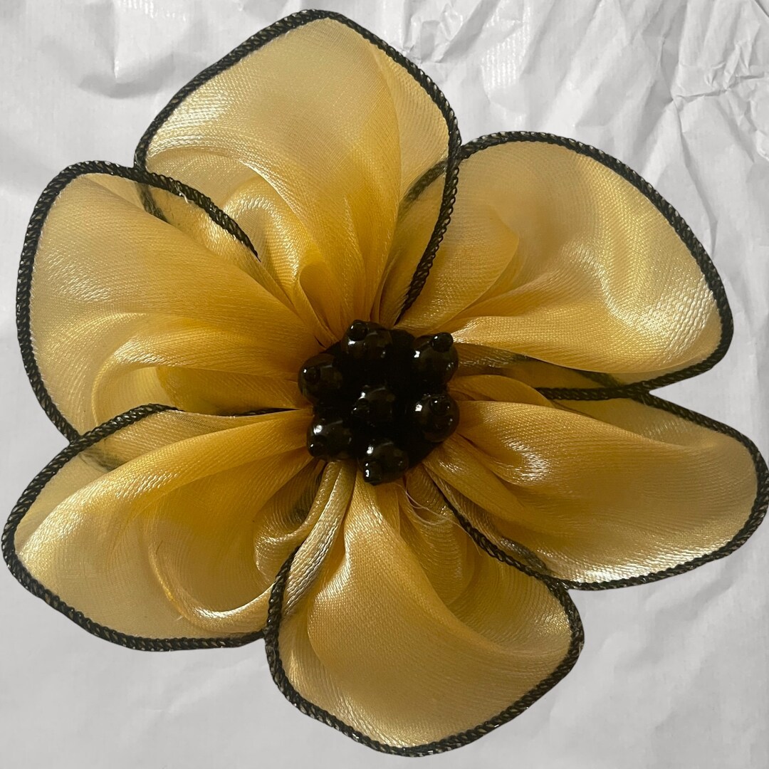 Hold Flower Pin Flower Brooch Gold Silk Ribbon With Black Trim Silk Flower Pinless