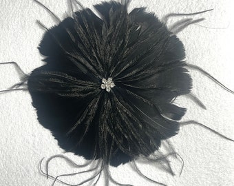 Black Ostrich Feather Flower Brooch: Magnetic Pinless Posie