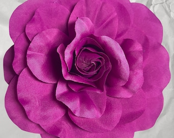 Fuchsia Fabric Rose Pin: Magnetic Pinless Brooch, 5" Flower