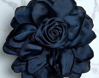 Navy Blue Satin Flower Brooch: Magnetic Pinless Posie, 4" Fabric Pin