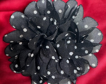 Black with White polka dot Flower pin Magnetic hold Pinless Posies 3.5”