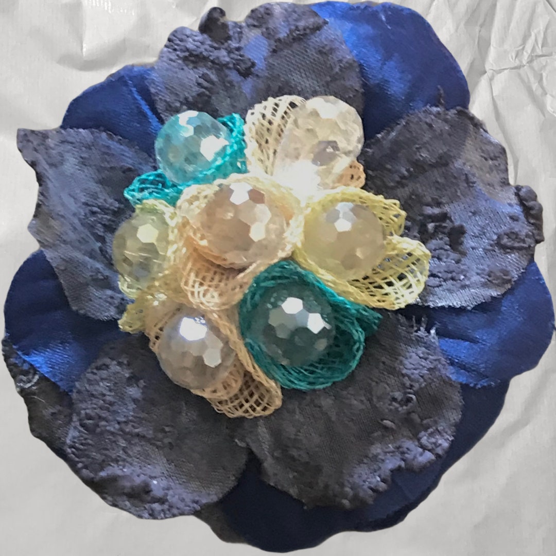 Flower Pin Blue Petal Flower With Jewel Center Hold Pinless Posies Brooch Etsy