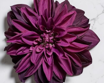 Purple Dahlia Brooch: Magnetic Hold Fabric Flower Pin (7") Pinless Posie