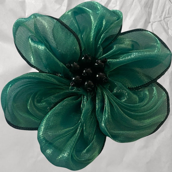 Magnetic hold Flower pin Flower Brooch Green Silk Ribbon with Black Trim Silk flower pin Pinless Posie