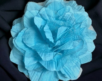 Magnetic hold flower pin flower brooch extra large 8” turquoise blue ruffled cloth Fabric Flower Pinless Posies