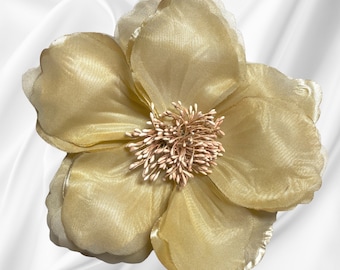 Magnetic hold flower pin, flower brooch Champagne petal with organza overlay and stamen center fabric flower pin Pinless Posie