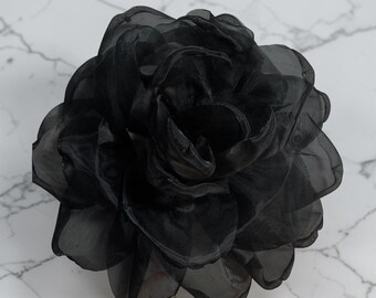 Black Sheer Organza Rose Flower Pin Flower Brooch Magnetic hold Pinless Posies 4”!