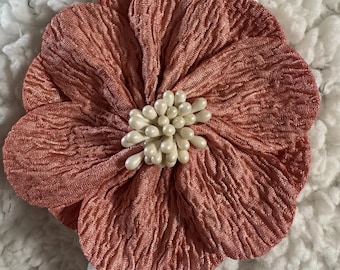 Coral Linen Flower Pin: Magnetic Brooch with Stamen Center