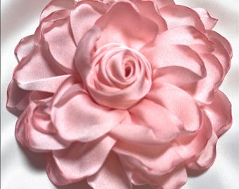 Pink Satin Flower Brooch: Magnetic Hold Pinless Posie, 4" Fabric Pin