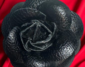 Black Camellia Rose Brooch: Magnetic Faux Leather Flower Pin