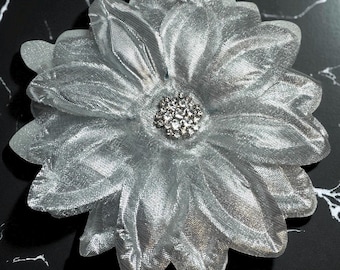 Silver Lame Fabric Flower Brooch: Magnetic Pinless Posie, Crystal Center