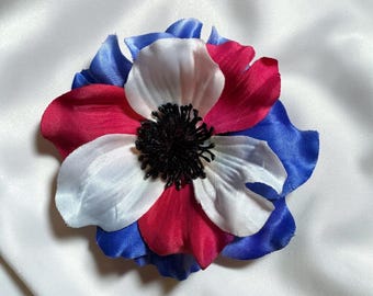 Patriotic Magnetic Flower Pin: Red White Blue Anemone Brooch