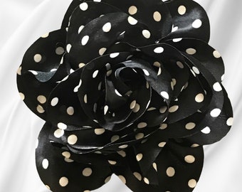 Black with White Polka Dot Satin Flower Brooch - Magnetic Pinless Posie 5”