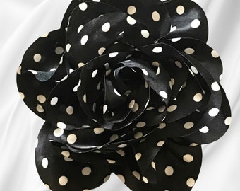 Magnetic Hold Flower pin Flower brooch Black with White Polka dot satin cloth Pinless Posie