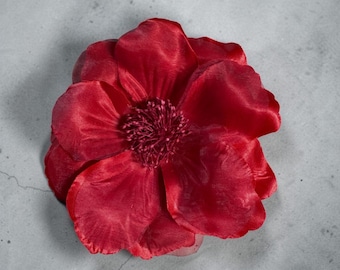 Red Fabric Flower Brooch: Magnetic Pinless Posie, 5.5"