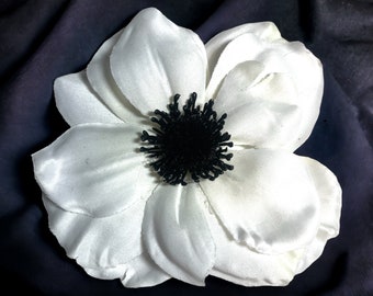 Magnetic hold 4.5" flower pin fabric flower pin Cream white anemone flower brooch Pinless Posies