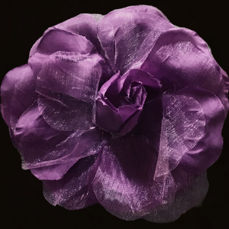 Flower Pin Magnetic Hold Purple Rose with Organza Overlay Pinless Posies Flower Brooch image 1