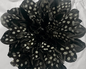 Black Dahlia Feather Flower Pin: Polka Dot Magnetic Brooch