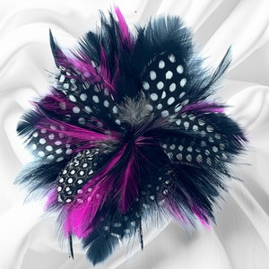 Magnetic hold feather flower pin feather flower brooch Black feather with black and white polka dot and pink feather Pinless Posies