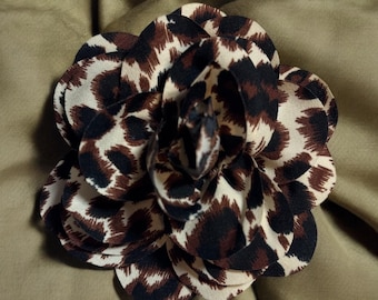 Leopard Print Fabric Flower Pin: Magnetic Brooch, Pinless Posie 4.5"