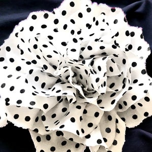 Magnetic Hold Flower pin Flower Brooch 5” White with Black Polka Dot Fabric Flower Pin Pinless Posies