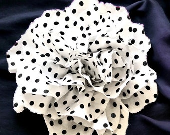 Magnetic Hold Flower pin Flower Brooch 5” White with Black Polka Dot Fabric Flower Pin Pinless Posies