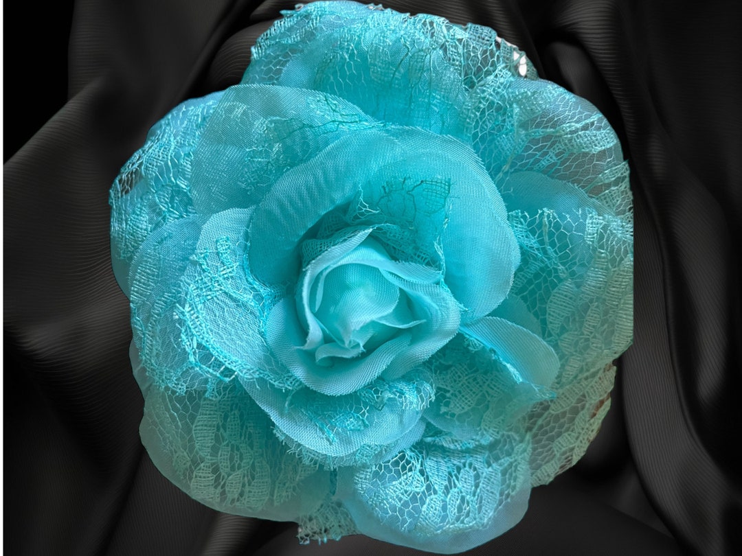Hold Flower Pin Flower Brooch Vintage Aqua Rose With Lace Overlay Fabric Flower Pin