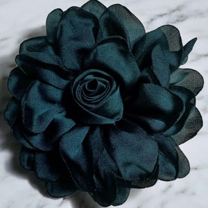 Magnetic hold flower pin flower brooch Dark Teal satin petal fabric 4” fabric flower pin fashion accessory Pinless Posie