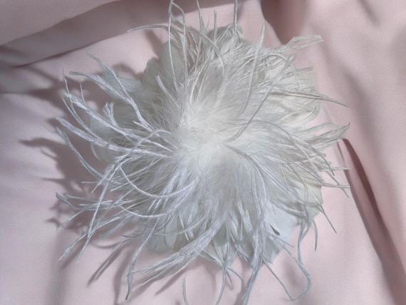 White Feather Brooch: Ostrich Boa Center, Magnetic Hold, Pinless Posies