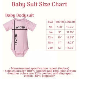 May include: A pink baby bodysuit with a size chart. The chart shows measurements in inches for width and length, ranging from newborn to 24 months. The text also specifies the fabric composition of the solid and heather colors.