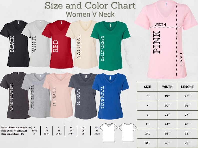 May include: Size and color chart for women's V-neck shirts. The chart displays various shirt colors, including black, white, red, natural, kelly green, dark heather, athletic heather, peach, navy, and true royal. Measurements are provided in inches.
