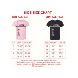 May include: A kids' size chart for youth and toddler shirts. The chart includes measurements in inches for width and length, along with fabric composition details. The youth shirt sizes range from S to XL, while the toddler sizes are 2T to 5T.