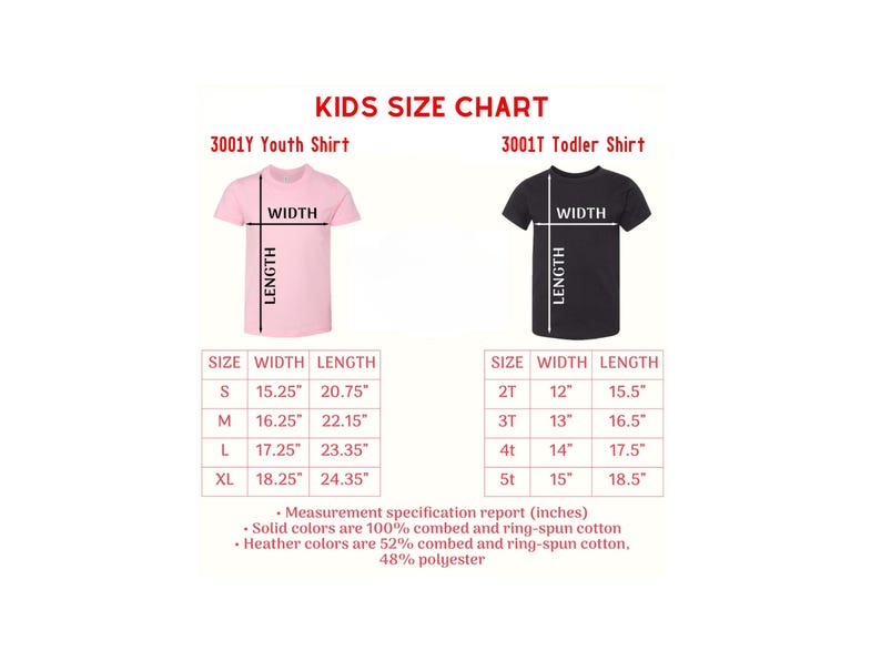 May include: A kids' size chart for youth and toddler shirts. The chart includes measurements in inches for width and length, along with fabric composition details. The youth shirt sizes range from S to XL, while the toddler sizes are 2T to 5T.