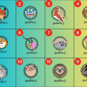 May include: A collection of twelve circular graphics featuring characters from the movie "Zootopia 2". Each graphic showcases a different animal character, set against a gradient blue and yellow background, with the movie title at the bottom.