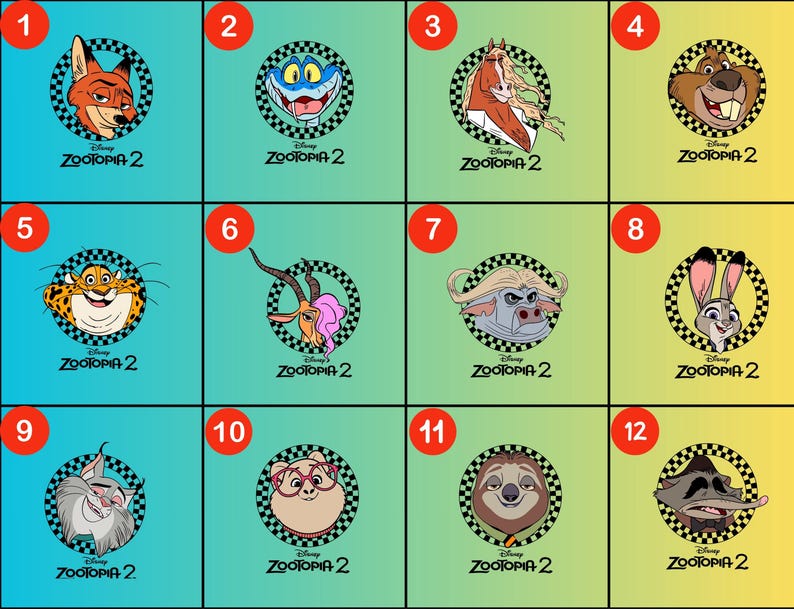 May include: A collection of twelve circular graphics featuring characters from the movie "Zootopia 2". Each graphic showcases a different animal character, set against a gradient blue and yellow background, with the movie title at the bottom.