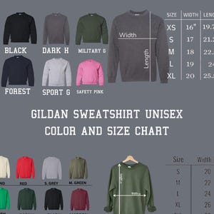 Op de afbeelding: Een maattabel voor Gildan unisex sweatshirts. De tabel toont de maat, breedte, lengte en mouwlengte in inches voor de maten XS, S, M, L en XL. De tabel toont ook de kleur opties voor de sweatshirts, waaronder wit, zwart, donker grijs, legergroen, rood, bos, sport grijs, veiligheids roze, zand, rood, licht grijs, middelgroen, marine en bruin.
