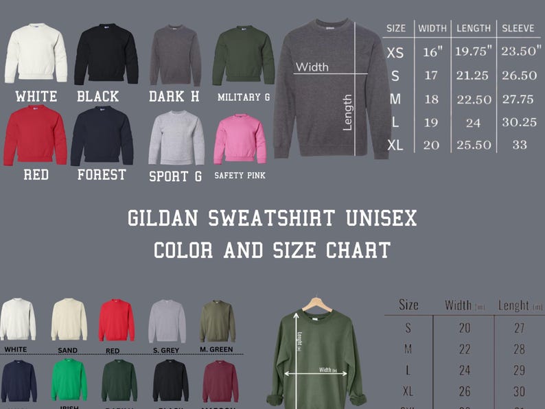 Op de afbeelding: Een maattabel voor Gildan unisex sweatshirts. De tabel toont de maat, breedte, lengte en mouwlengte in inches voor de maten XS, S, M, L en XL. De tabel toont ook de kleur opties voor de sweatshirts, waaronder wit, zwart, donker grijs, legergroen, rood, bos, sport grijs, veiligheids roze, zand, rood, licht grijs, middelgroen, marine en bruin.