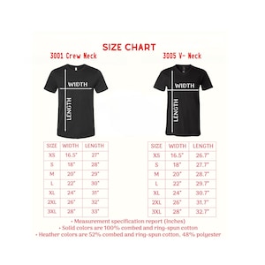 May include: A size chart for crew neck and V-neck t-shirts, with measurements in inches. The chart includes sizes XS to 3XL, detailing width and length. Solid colors are 100% combed cotton, and heather colors are a cotton-polyester blend.