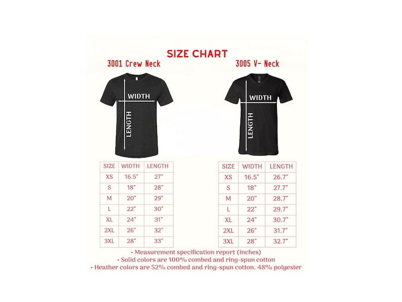 May include: A size chart for crew neck and V-neck t-shirts, with measurements in inches. The chart includes sizes XS to 3XL, detailing width and length. Solid colors are 100% combed cotton, and heather colors are a cotton-polyester blend.