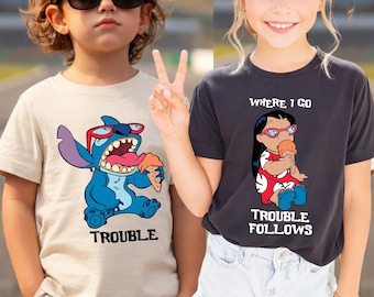Disney Lilo and Stitch Shirt, Where I Go Trouble Follows Shirt, Stitch Couple T-Shirt, Funny Stitch Kids Sweatshirt, Disneyworld Trouble Tee